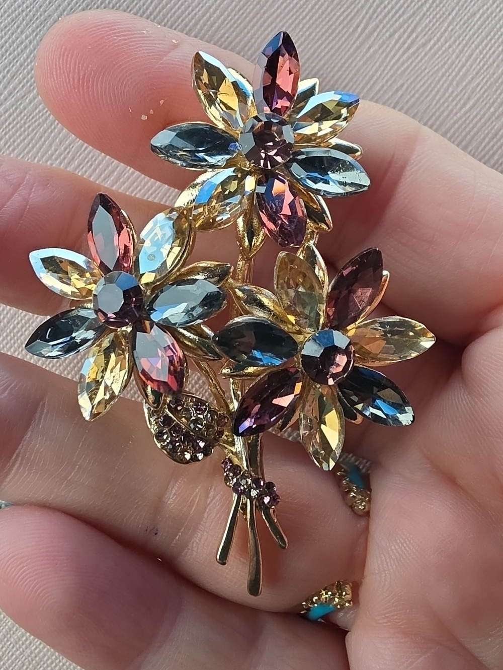 A71- Multicolor Crystal Flower Bouquet Brooch - Gold Tone